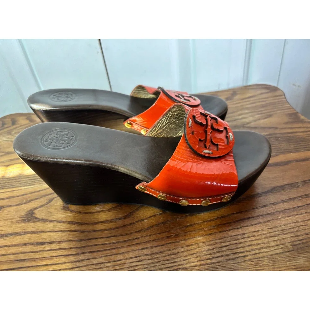 Tory Burch Women's Orange Patent Leather Logo Clog Platform Wedge Slides size‎ 6